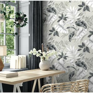 Tropical Leaves Grey and White Vinyl Peel and Stick Wallpaper Roll (Cover 30.75 sq. ft.)