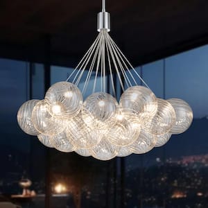 Neuvy 19-Light Polished Chrome Cluster Pendant Chandelier with Twisted Texture Water Clear Glass Balls for Dining Room