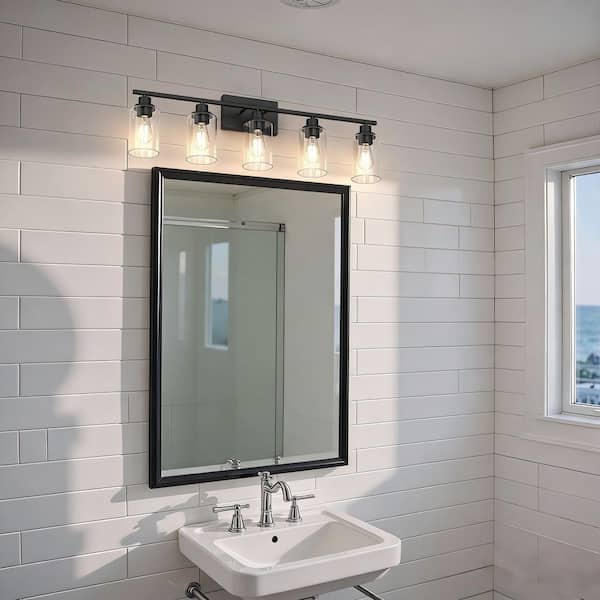 35.4 in. 5 Light Matte Black Vanity Light with Clear Cylinder Glass Shades for Industrial Bathroom Use