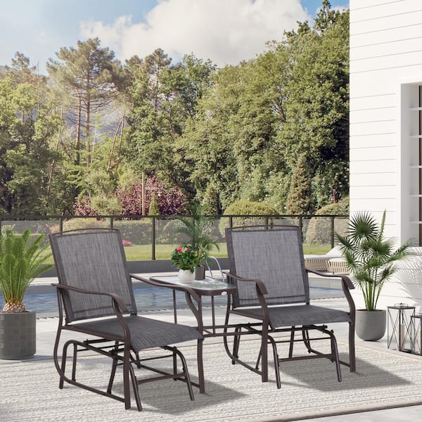 Steel Outdoor Glider Chairs with Coffee Table, Patio 2-Seat Rocking Chair Swing Loveseat with Breathable Sling
