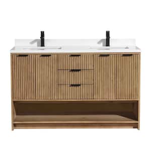 San Diego 55 in W x 22 in D x 34.5 H Double Bath Vanity in Weathered Fir with Stone Top in White with White Basin