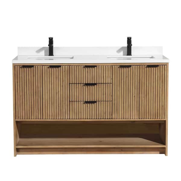 Ari Kitchen and Bath San Diego 55 in W x 22 in D x 34.5 H Double Bath Vanity in Weathered Fir with Stone Top in White with White Basin