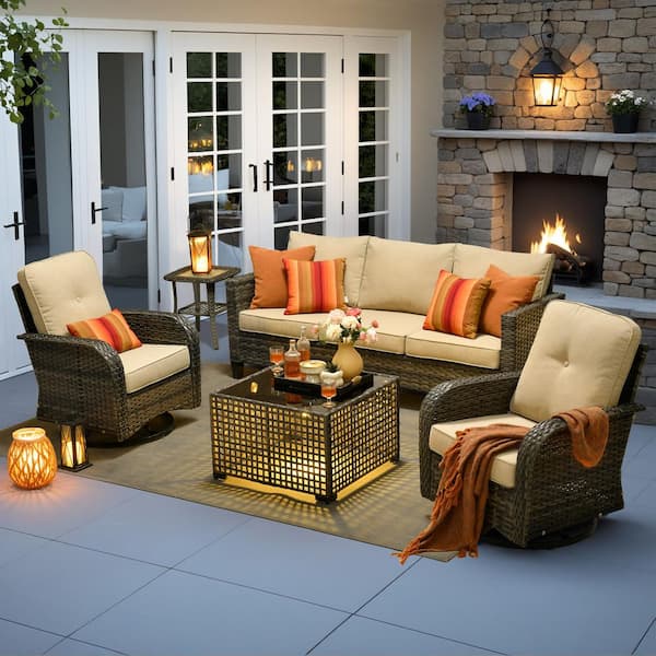 Elvira Gray 5-Piece Wicker Patio Conversation Seating Sofa Set with Beige Cushions and Swivel Rocking Chairs