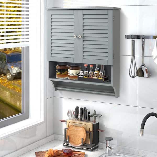 23 in. W x 9 in. D x 30 in. H Bathroom Storage Wall Cabinet in Grey Medicine Cabinet with Louvered Doors and Towel Bar