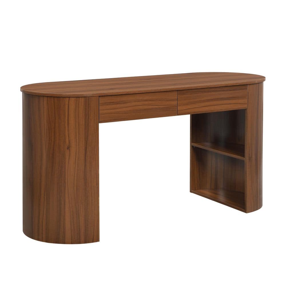 Arvellon Modern 60.3 in. Oval Dark Walnut Wood Computer Desk Study Writing Desk with Drawers, Shelves