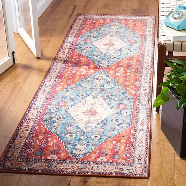 Tucson Beige/Blue 3 ft. x 20 ft. Machine Washable Ornate Border Runner Rug