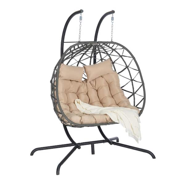 Unbranded 2-Person Dark Grey Wicker Outdoor Patio Swing Hanging Chair Egg Chair with Beige Cushions