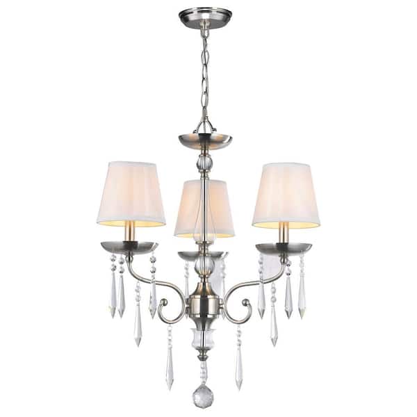 World Imports 3-Light Brushed Nickel Chandelier with Crystal Adorned White Silk Fabric Shade