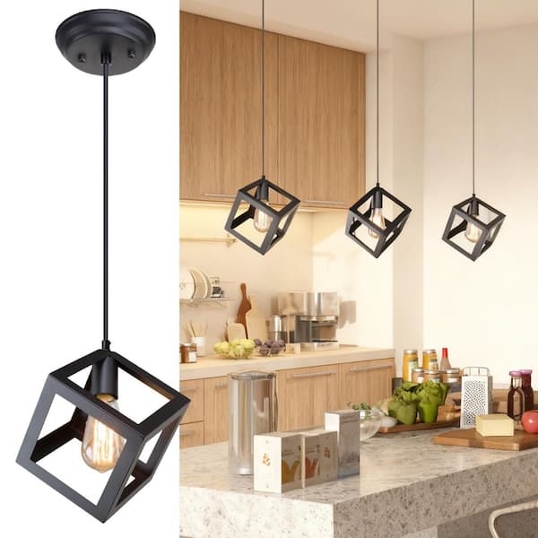 Modern Black Square Cage Pendant Light DIY 1-Light Industrial Cube Hanging Chandelier for Kitchen Island Bedroom Hallway