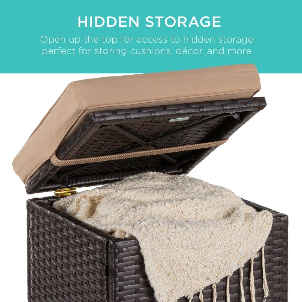 Brown Steel Frame Outdoor Wicker Ottomans with Beige Cushions