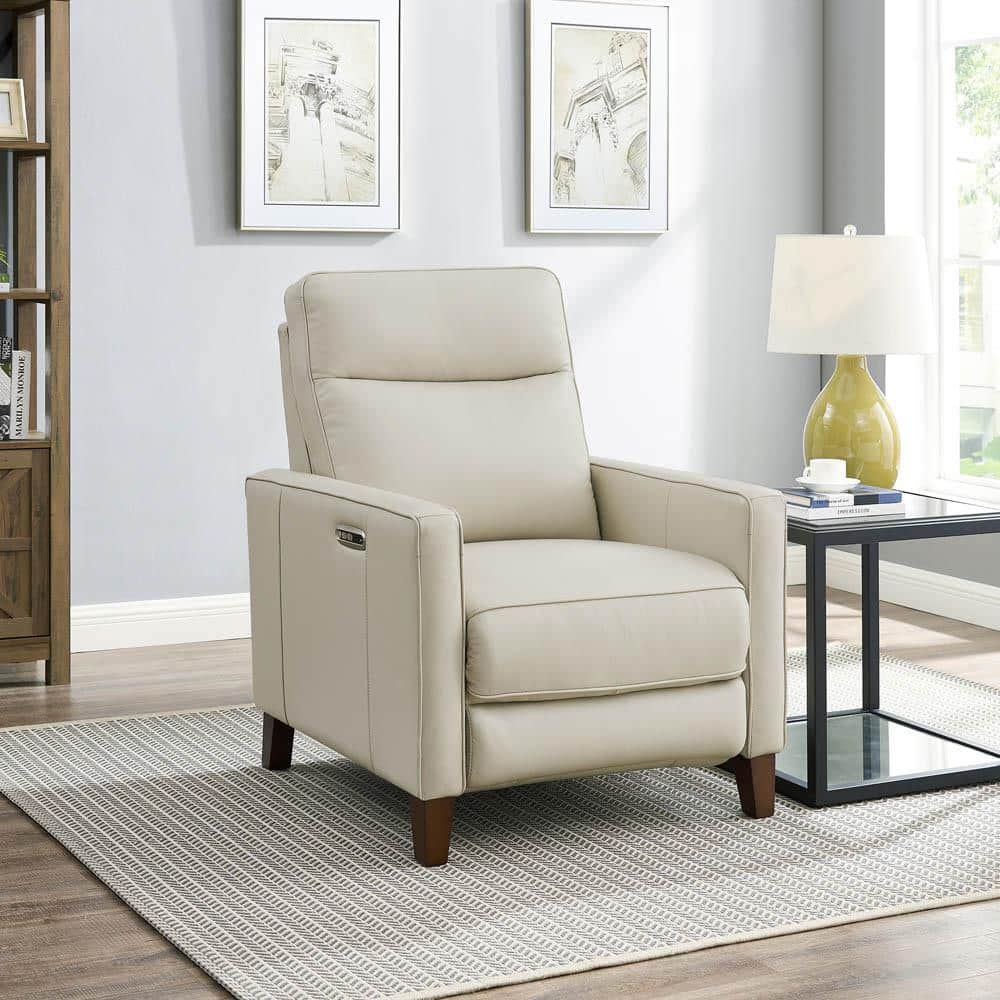 Vanilla White Leather Zero Gravity Recliner with Wood Frame