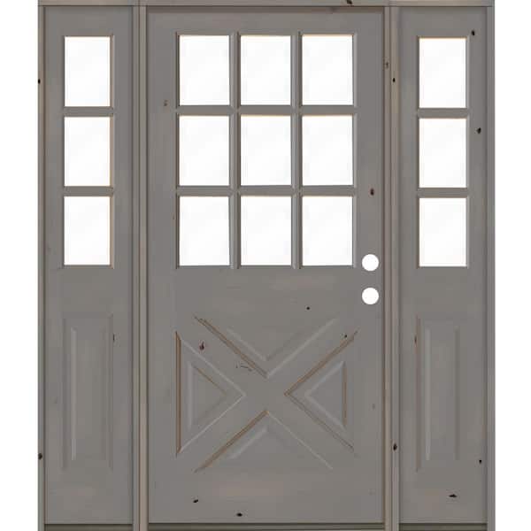 Krosswood Doors 60 in. x 80 in. Knotty Alder 2 Panel Left-Hand/Inswing Clear Glass Grey Stain Wood Prehung Front Door w/Double Sidelite