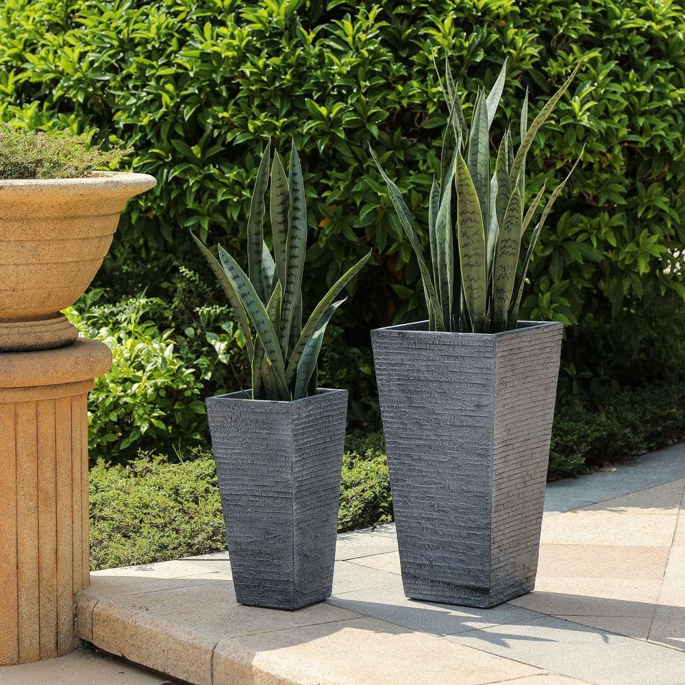 Modern Textured Gray Square Tapered MgO Planter Set, Indoor/Outdoor