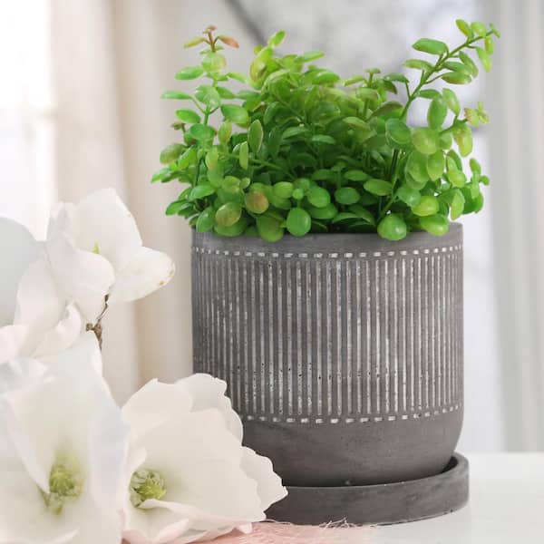 HOTEBIKE 5.75 in. Gray Cement Line Pattern Design and Saucer Planter