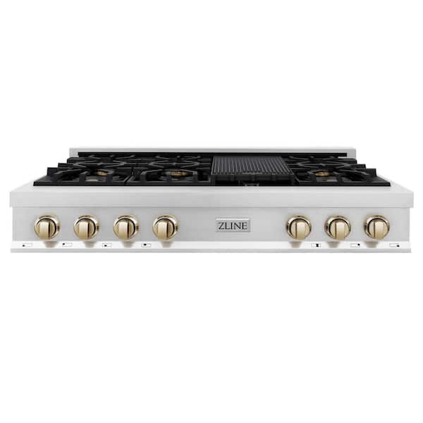 Autograph Edition 48 in. 7 Burner Front Control Gas Cooktop with Polished Gold Knobs in Stainless Steel
