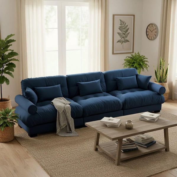 BREAD 130 in. Rolled Arm Velvet 3-Seater Rectangle Cloud Look Sofa with Bolster Armrests and Deep Seats in Sapphire Blue