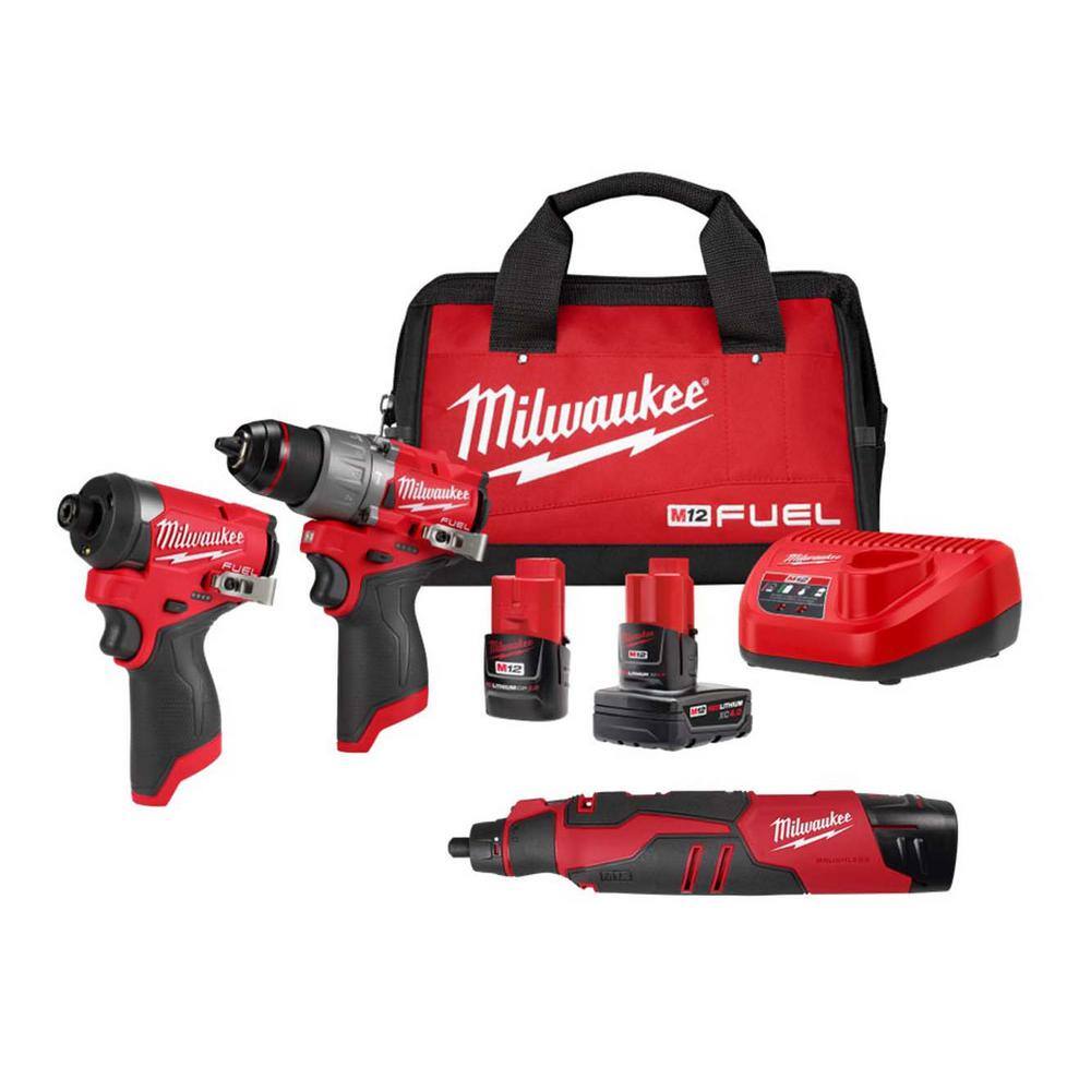 Milwaukee M12 12v Lithium Ion Cordless Brushless Rotary Tool With M12 Hammer Drill And Impact 8393