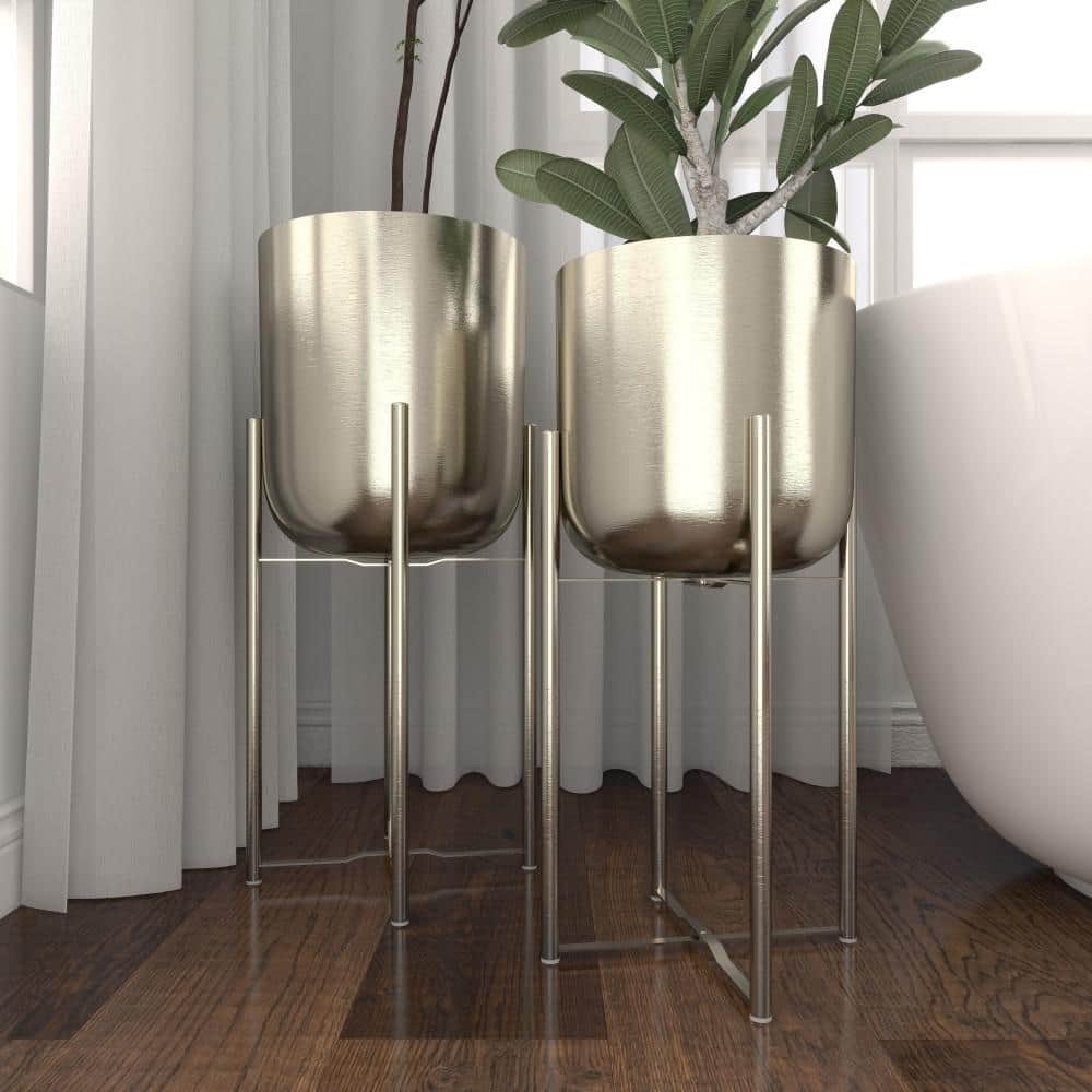 Silver Metal Indoor Outdoor Planter Set with Removable Stand, 19" and 22"