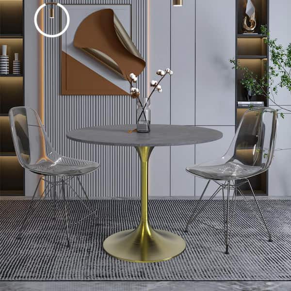 Leisuremod Verve Mid-Century Modern 36 in. Round Dining Table with Sintered Stone Top and Brushed Gold Pedestal Base (Grey)