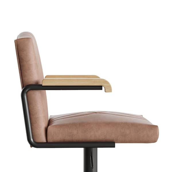 Swivel Bar Stools with Backs, Adjustable 35.4 in. Metal Kitchen Island Chairs with Wood Armrests, Dark Brown (Set of 4)