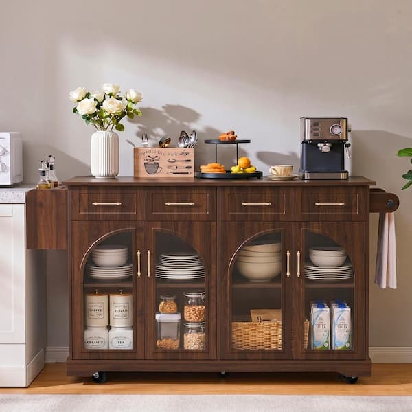 Seafuloy Walnut Wood 65 in. Kitchen Island with Drop Leaf, Power