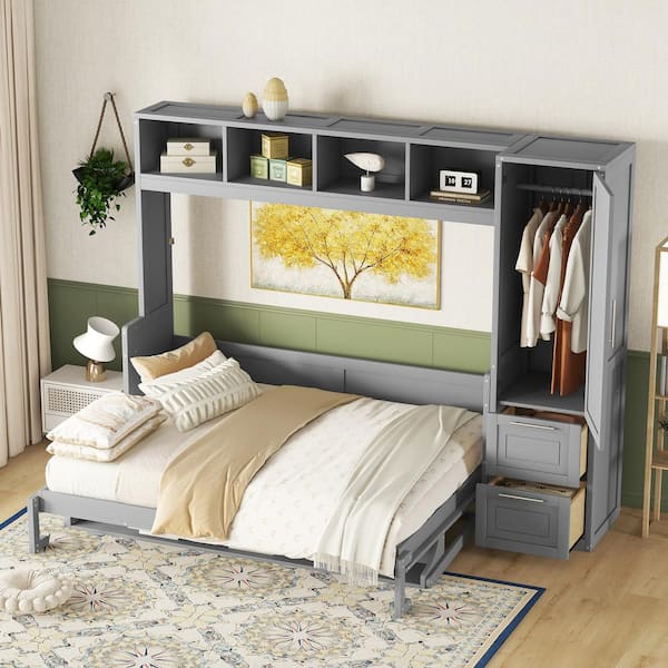 Gray Wood Frame Queen Murphy Bed Wall Bed with Closet and Drawers