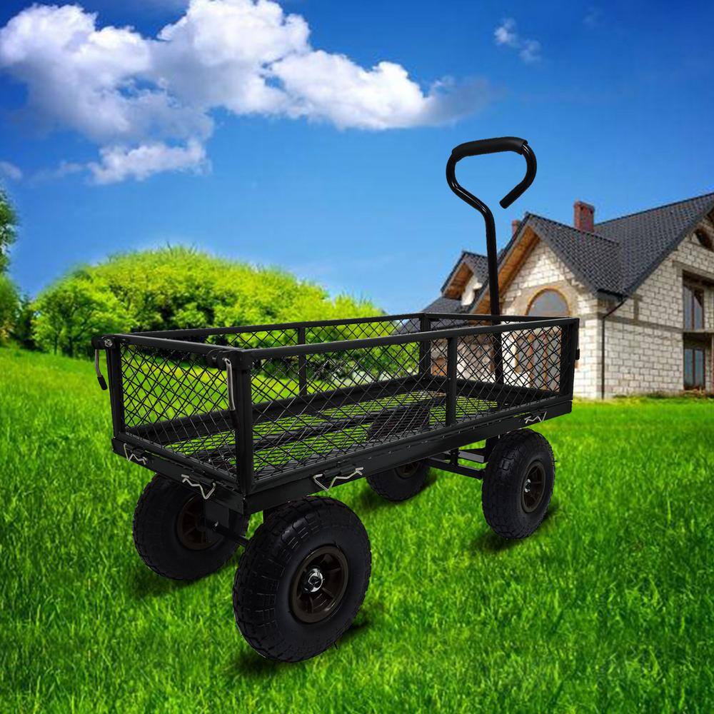 Heavy-Duty Black Steel Mesh Garden Utility Wagon with Removable Sides