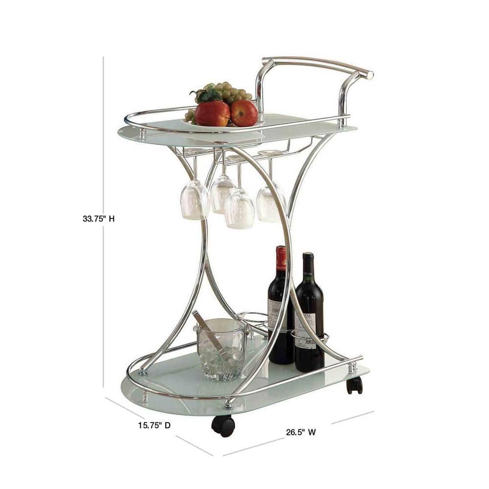 Chrome and White Glass Contemporary Serving Cart with Stemware Rack