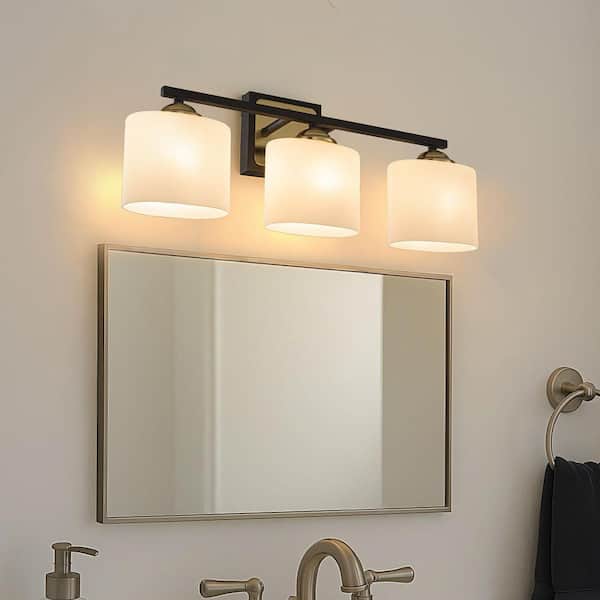 21 in. 3-Light Modern Elegant Brass And Black Bathrooom Vanity Light With Milk White Glass Shades