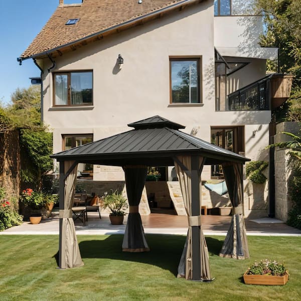 10 ft. x 10 ft. Brown Aluminum Frame Hardtop Gazebo with Galvanized Steel Double Roof Canopy, Curtains and Netting