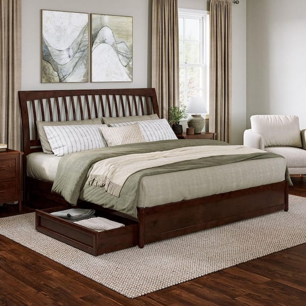 Roslyn Walnut Brown Solid Wood Frame King Platform Bed with Panel Footboard and Storage Drawers