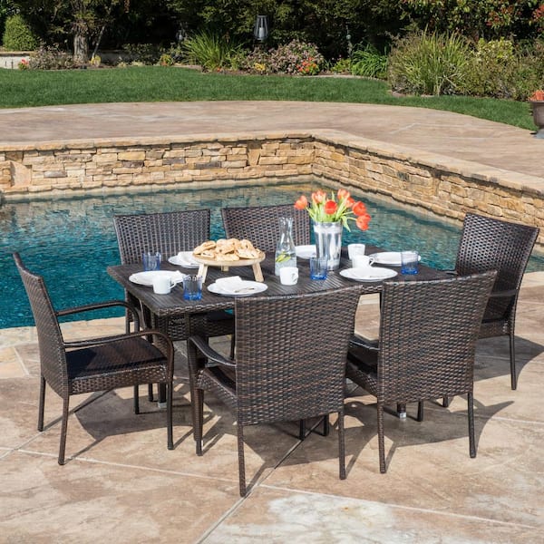 Noble House Delani Multi Brown 7 Piece Wicker Outdoor Dining Set 08 The Home Depot