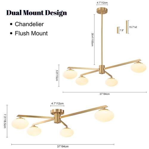 37 In. 4-Light Copper Industrial Semi-Flush Mount Modern Sputnik Close to Ceiling Light Fixture Mid Century Chandelier Home