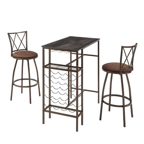 CSC DECOR INC 3-Piece Wood Top Bar Table Set 2 Bar Stools Dining Table with Wine Rack Seats 2 for Kitchen Dining Room