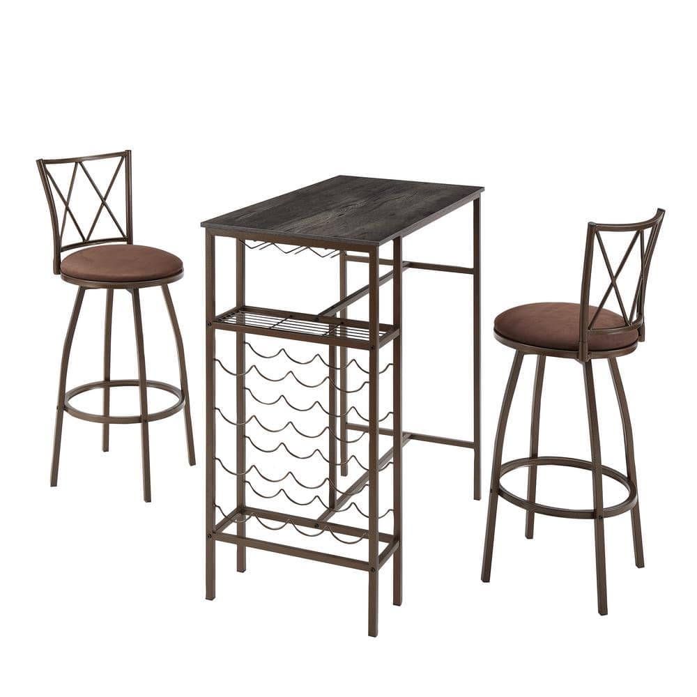 3-Piece Wood Top Bar Table Set 2 Bar Stools Dining Table with Wine Rack Sea