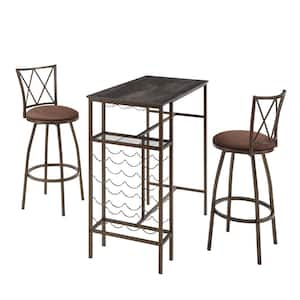 3-Piece Wood Top Bar Table Set 2 Bar Stools Dining Table with Wine Rack Seats 2 for Kitchen Dining Room