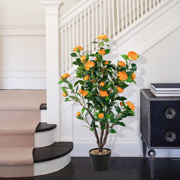 HONEY JOY 40 in. Artificial Camellia Tree Faux Flower Plant Artificial Tree  in Cement Pot Other Greenery Potted Plant TOPB006687