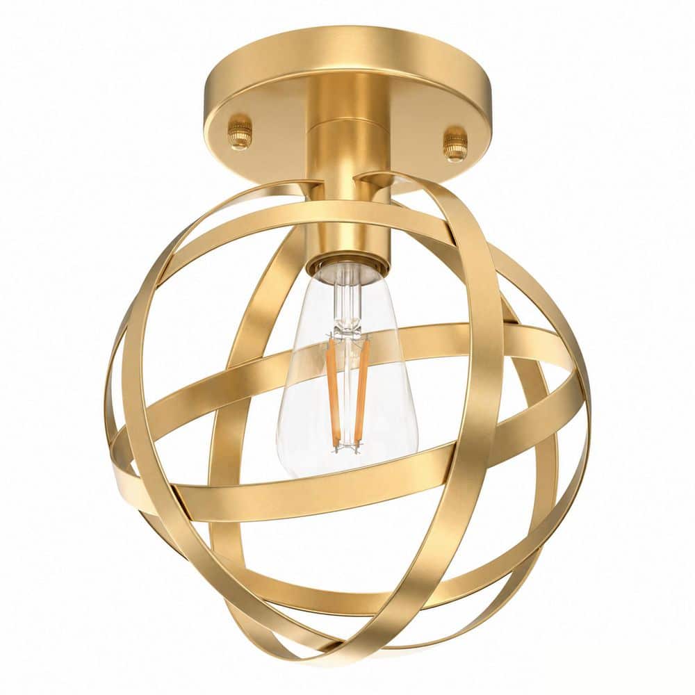 8 in. 1-Light Satin Gold Spherical Semi-Flush Mount Ceiling Light, Vintage Globe Ceiling Fixture for Hallway Stairway price history on PriceWatchPro