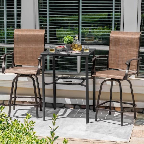 Black 3-Piece Textilene and Metal Square Outdoor Bar Set with Umbrella Hole and Brown Swivel Bar Stools