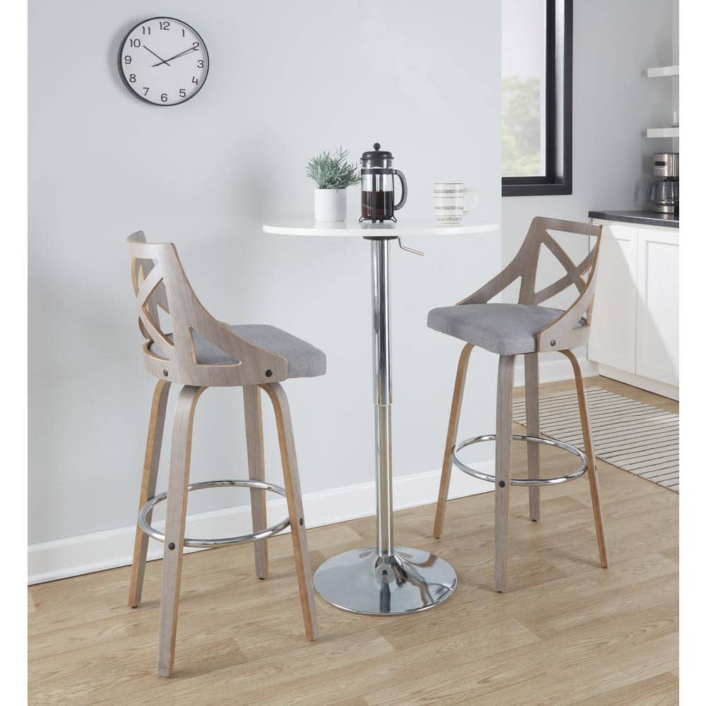 Gray Upholstered Swivel Bar Stool with Wood and Metal Frame
