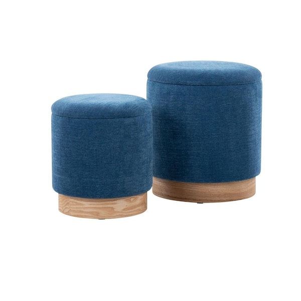 Lumisource Marla Blue Fabric and Natural Wood Nesting Ottoman Set