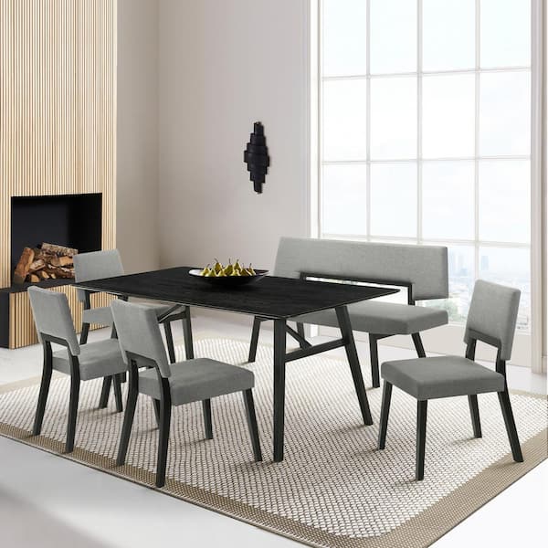 Armen Living Channell 6-Piece Rectangle Wood Top Charcoal/Black Dining Set with Bench