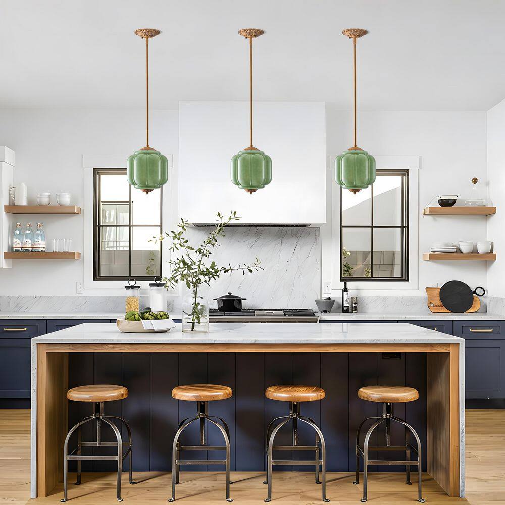 1-Light 9.45 in. Antique Brass Vintage Mini Pendant Light with Green Ribbed Glass Shade price history on PriceWatchPro
