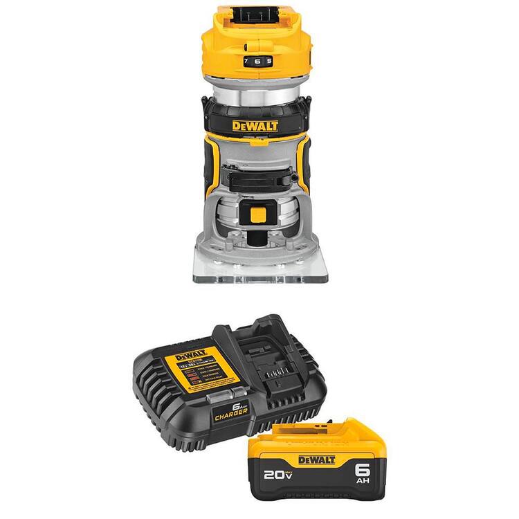 DEWALT 20V MAX XR Lithium-Ion Cordless Brushless Fixed Base Compact Router with 6.0 Ah Battery Pack and Charger Kit