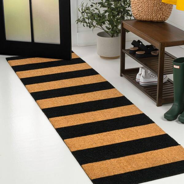 Peater Classic Casual Commerical Natural Coir Natural/Black Stripe 2 ft. 2 in. x 8 ft. Indoor/Outdoor Runner Rug