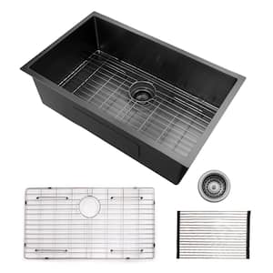 Gunmetal Black Stainless Steel 30 in. Single Bowl Undermount Kitchen Sink with Bottom Grid