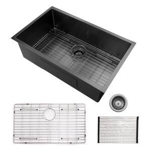 Gunmetal Black Stainless Steel 33 in. Single Bowl Undermount Kitchen Sink with Bottom Grid