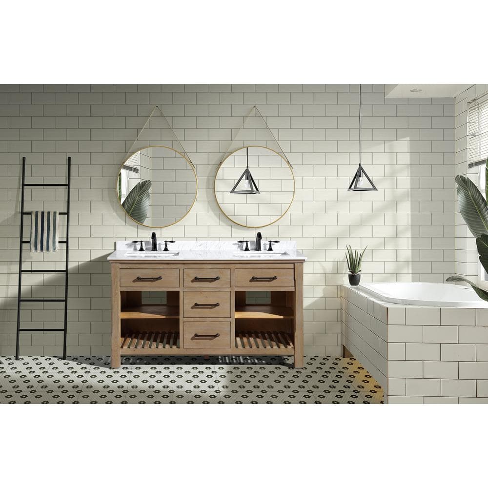 Weathered Fir Solid Wood 60" Double Sink Bathroom Vanity with Carrara Marble Top
