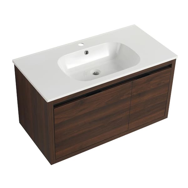 FUNKOL 36 in. W Modern Simplicity Style Floating Wall-Mounted Bathroom Vanity with Single White Gel Sink in Brown