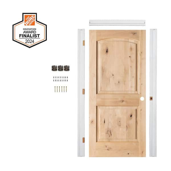DIY 30 in. x 80 in. Knotty Alder Left-Hand Top Arch Unfinished Wood Single Interior Door Kit Plus Quick Assemble Jamb